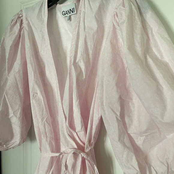 GANNI Wrap Midi Pastel Pink Poplin Floral Cherry Blossom Puff Sleeve Dress - Picture 6 of 8
